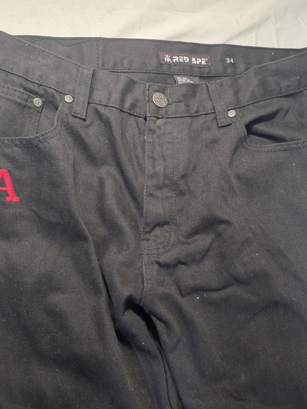 Men’s Red Ape Black Denim Jeans Size 34 Embroidered RA Logo